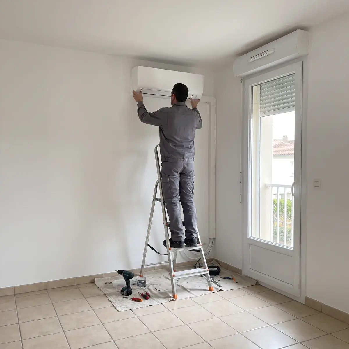 Un technicien termine la pose d'une unité intérieure Daikin Perfera dans le séjour d'une maison.