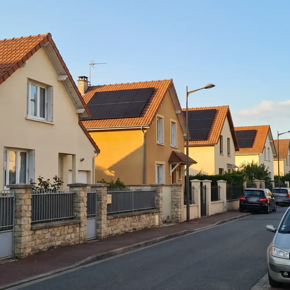 Rue pavillonnaire française dont plusieurs toits en tuiles portent des panneaux solaires noirs