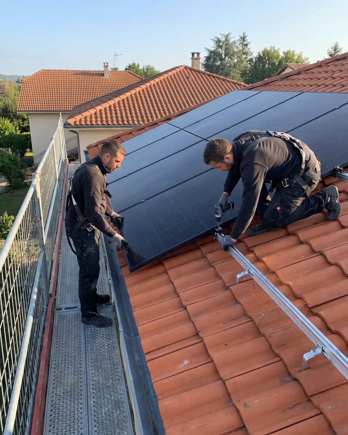 Deux installateurs harnachés fixent des panneaux solaires noirs sur les rails d'un toit en tuiles
